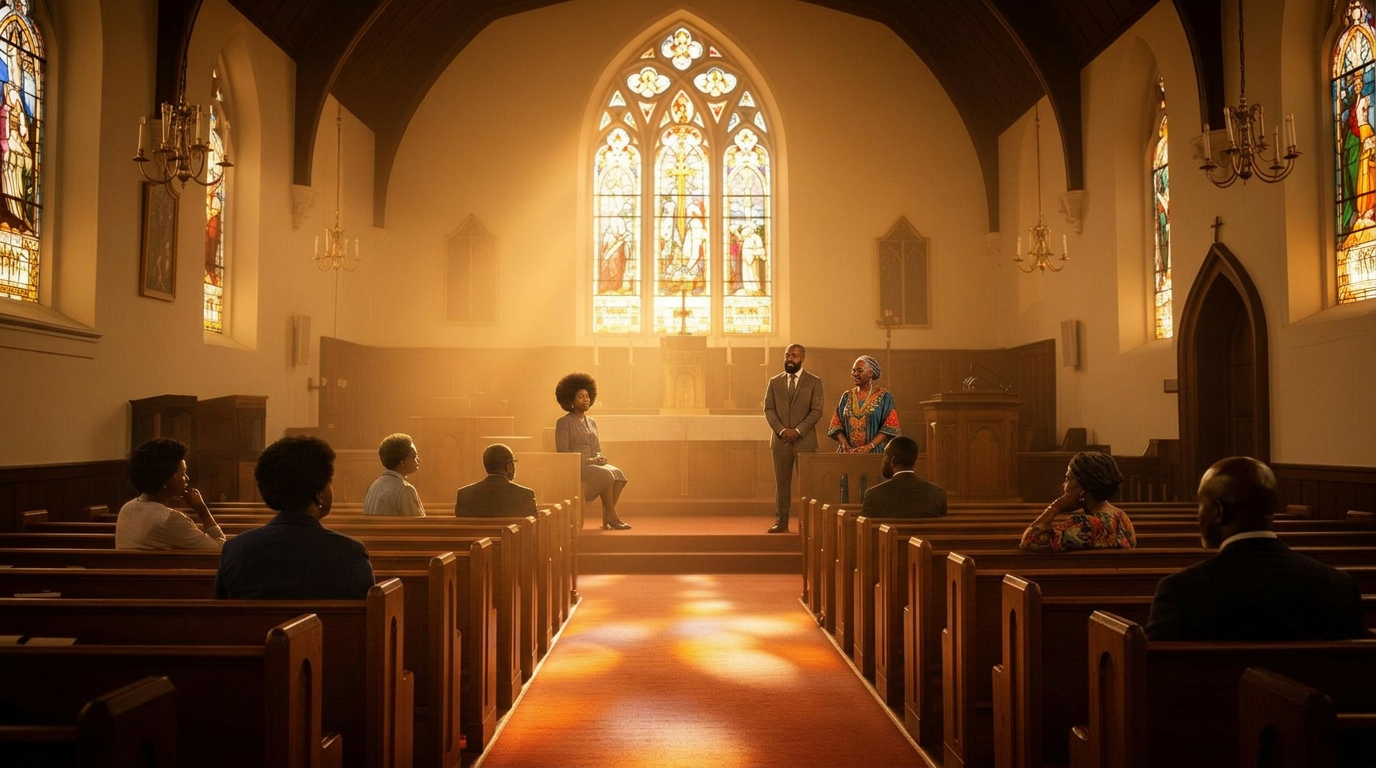 Sunlit sanctuary interior with stained glass